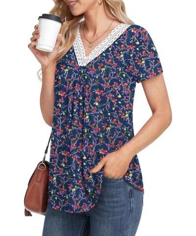 Womens Summer Shirts V-Neck Lace Collar Casual Tank Tops Sleeveless Loose Pleated Tunic Tee Small Fl Navy $10.79 Tanks