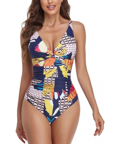 Women's Tummy Control Swimsuit One Piece Slimming Ruched Push Up Bathing Suit Vintage Padded Retro V Neck Swimwear B Printed ...