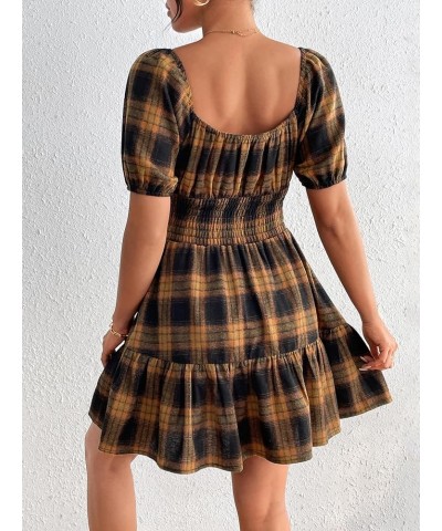 Women's Boho Square Neck Puff Short Sleeve Self Tie Front A Line Dress Yellow Plaid $15.58 Blouses