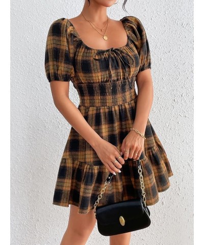 Women's Boho Square Neck Puff Short Sleeve Self Tie Front A Line Dress Yellow Plaid $15.58 Blouses