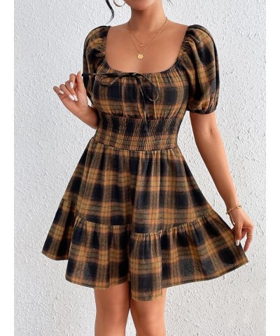 Women's Boho Square Neck Puff Short Sleeve Self Tie Front A Line Dress Yellow Plaid $15.58 Blouses