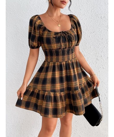 Women's Boho Square Neck Puff Short Sleeve Self Tie Front A Line Dress Yellow Plaid $15.58 Blouses