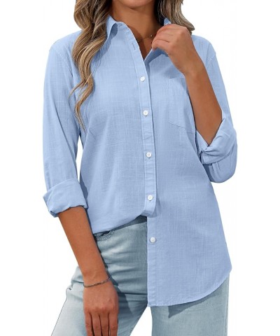 Womens Button Down Shirt Linen Button Up Shirts for Women Long Sleeve Dress Shirt Collared Blouse Tops Tunics Women Blue $12....