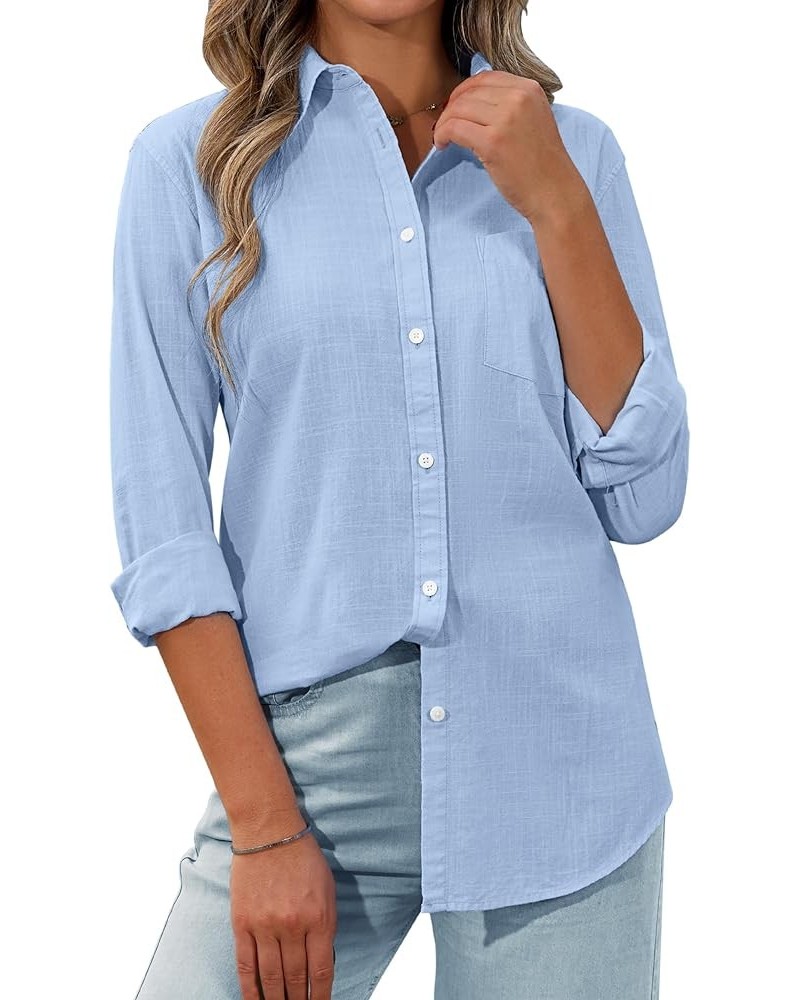 Womens Button Down Shirt Linen Button Up Shirts for Women Long Sleeve Dress Shirt Collared Blouse Tops Tunics Women Blue $12....