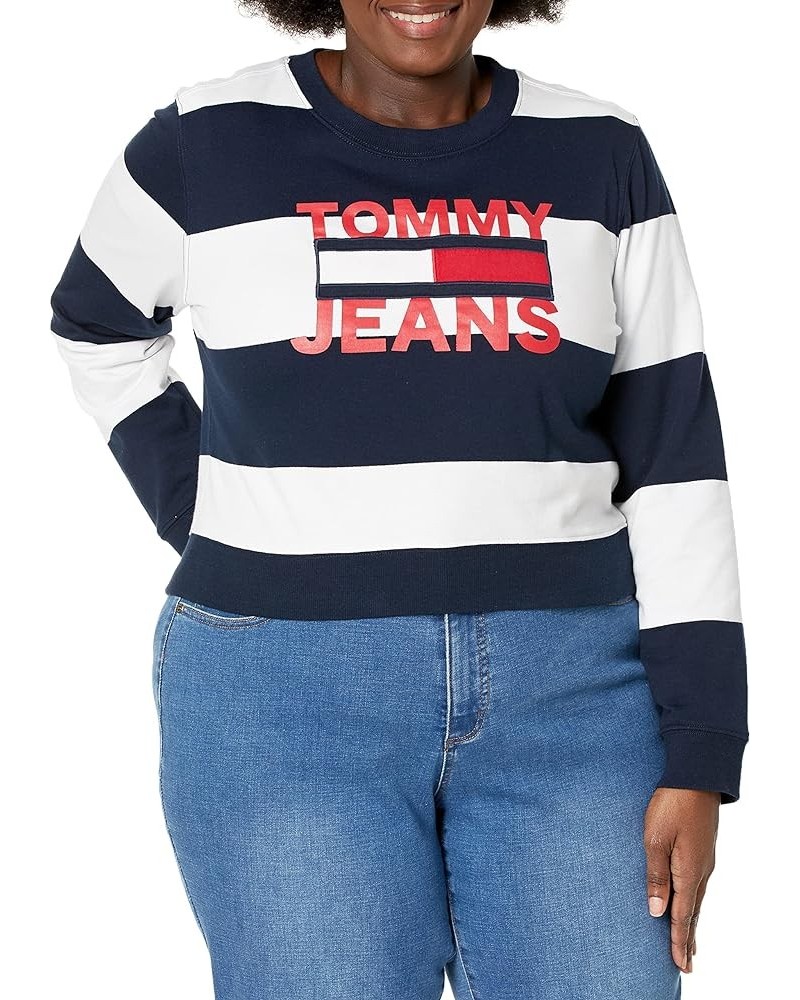 Women's Classic Crewneck Sweatshirt Sky Captain White Rugby Stripe $26.99 Activewear