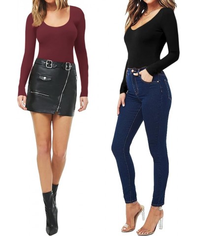 Women's Scoop Neck Short Sleeve Long Sleeve Stretchy Basic Bodysuit Shirt Long Sleeve Long Sleeve Burgundy $14.99 Bodysuits