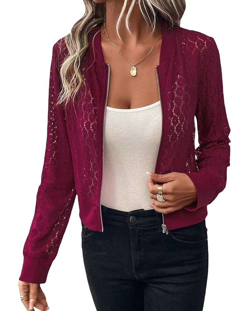 Women's Sheer Lace Long Sleeve Zipper Front Baseball Collar Bomber Jacket Rose Red $14.26 Jackets