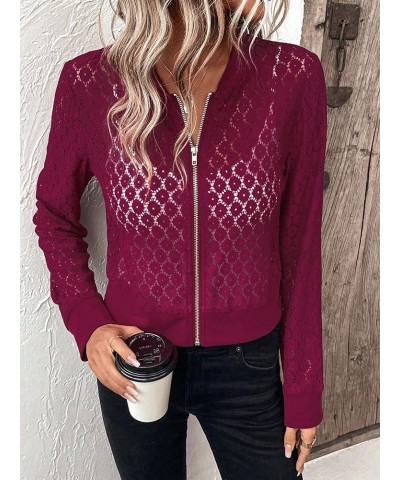 Women's Sheer Lace Long Sleeve Zipper Front Baseball Collar Bomber Jacket Rose Red $14.26 Jackets