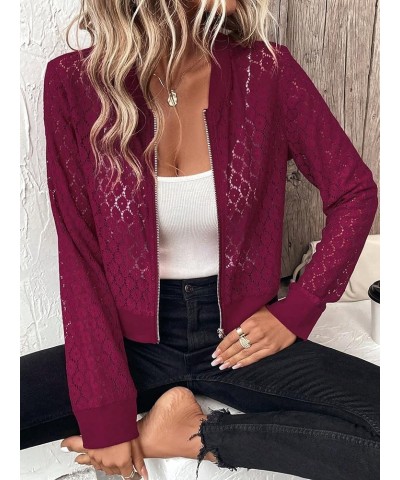 Women's Sheer Lace Long Sleeve Zipper Front Baseball Collar Bomber Jacket Rose Red $14.26 Jackets