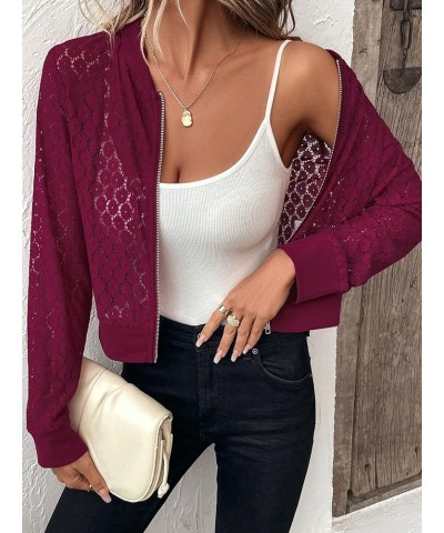 Women's Sheer Lace Long Sleeve Zipper Front Baseball Collar Bomber Jacket Rose Red $14.26 Jackets