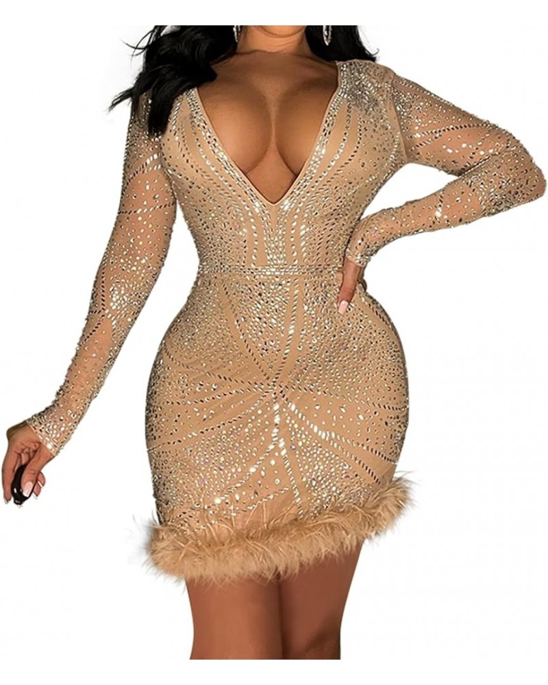 Women Sexy Mini Bodycon Dress Turtleneck Party Dresses Clubwear mesh Dress Apricot G $26.79 Dresses