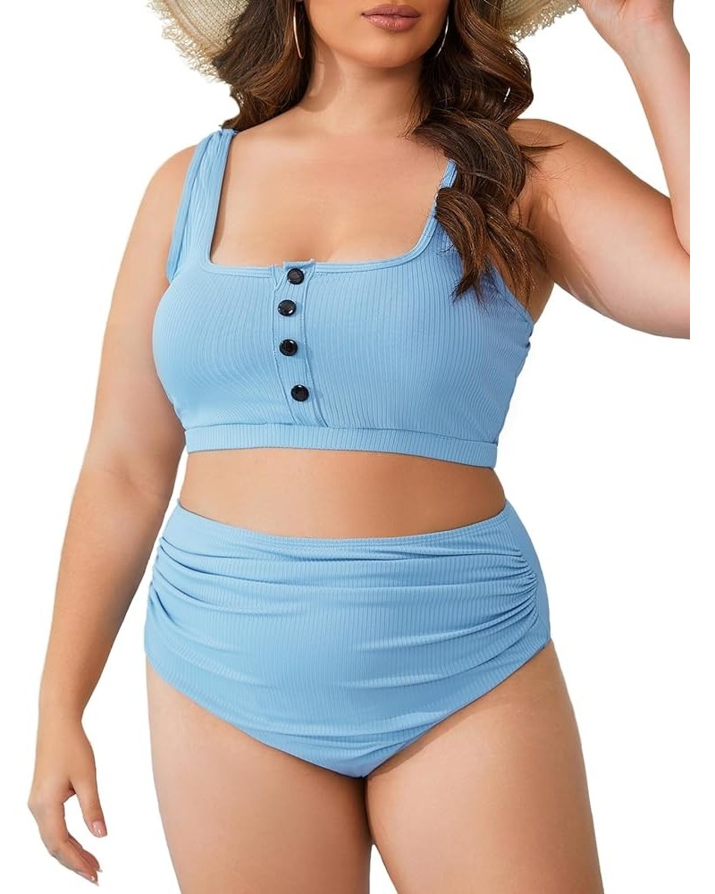 2024 Plus Size Womens Bikini Set Two Piece High Waist Swimsuit Tummy Control Bathing Suit Swimwear Light Blue $17.10 Swimsuits