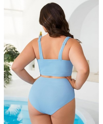 2024 Plus Size Womens Bikini Set Two Piece High Waist Swimsuit Tummy Control Bathing Suit Swimwear Light Blue $17.10 Swimsuits