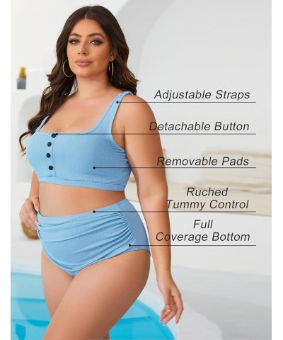 2024 Plus Size Womens Bikini Set Two Piece High Waist Swimsuit Tummy Control Bathing Suit Swimwear Light Blue $17.10 Swimsuits