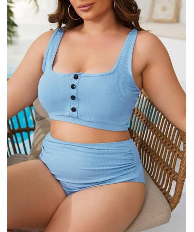 2024 Plus Size Womens Bikini Set Two Piece High Waist Swimsuit Tummy Control Bathing Suit Swimwear Light Blue $17.10 Swimsuits