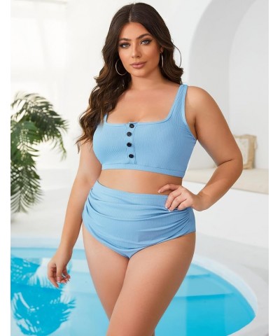 2024 Plus Size Womens Bikini Set Two Piece High Waist Swimsuit Tummy Control Bathing Suit Swimwear Light Blue $17.10 Swimsuits