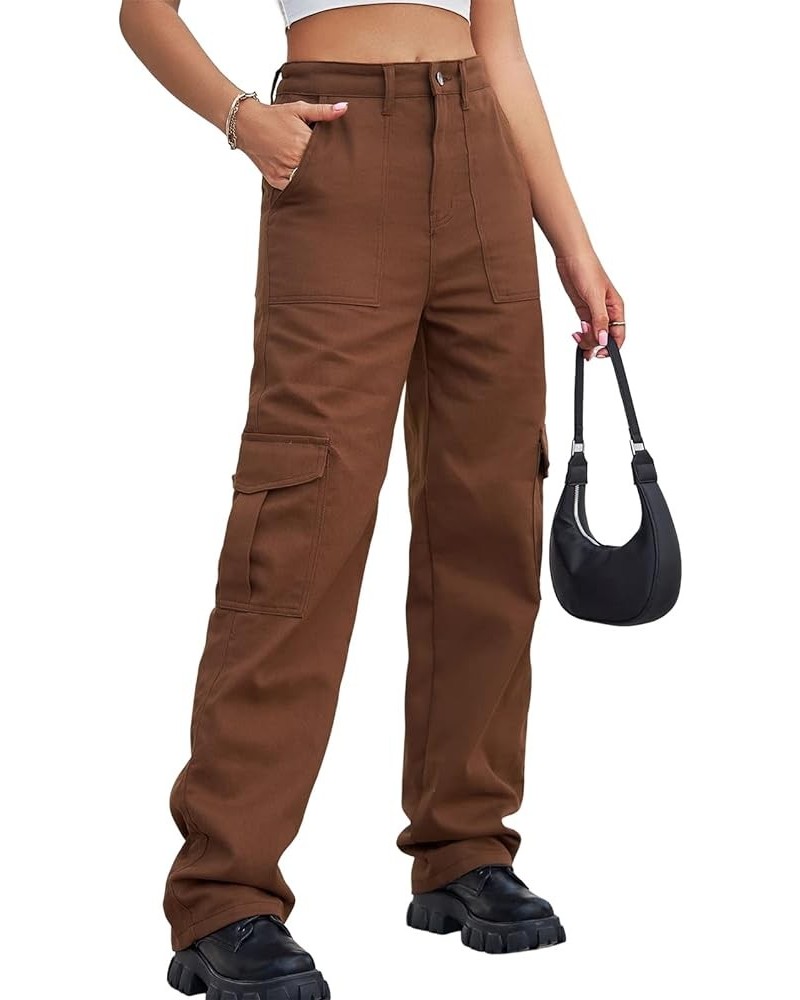 Women High Rise Straight Leg Y2K Streetwear Cargo Pants Baggy Boyfriend Jeans with Pockets Rbrown $18.54 Jeans