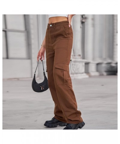 Women High Rise Straight Leg Y2K Streetwear Cargo Pants Baggy Boyfriend Jeans with Pockets Rbrown $18.54 Jeans