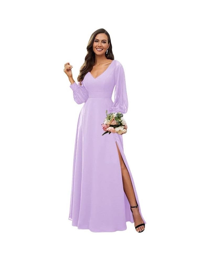 Long Sleeve Bridesmaid Dresses for Wedding Women's V Neck Chiffon Formal Evening Dress with Slit Lilac $27.30 Dresses