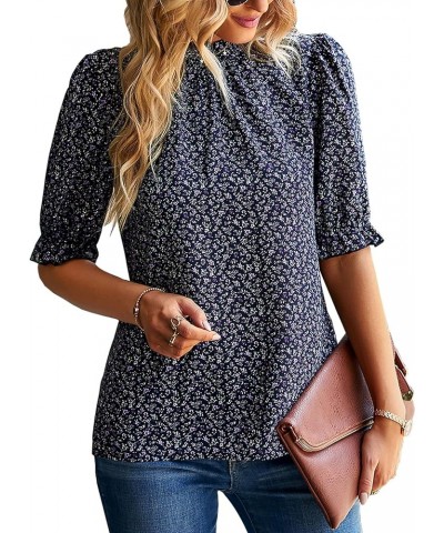 Women's 2023 Summer Boho Floral Tops Ruffle Mock Neck Half Sleeve Casual T-Shirts Loose Fit Blouses Purplish Blue $8.82 Blouses