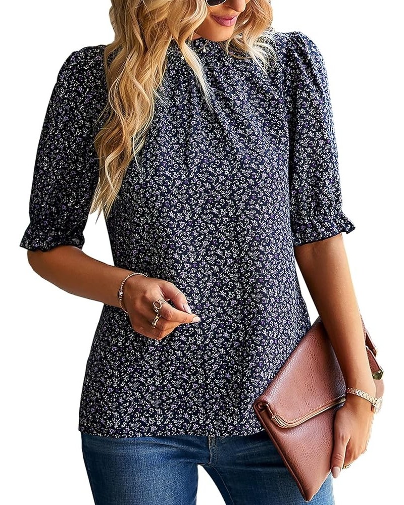 Women's 2023 Summer Boho Floral Tops Ruffle Mock Neck Half Sleeve Casual T-Shirts Loose Fit Blouses Purplish Blue $8.82 Blouses