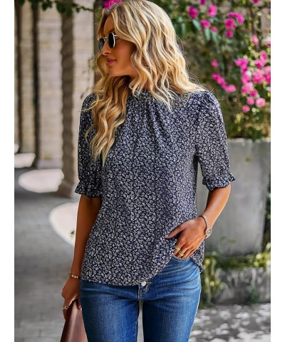 Women's 2023 Summer Boho Floral Tops Ruffle Mock Neck Half Sleeve Casual T-Shirts Loose Fit Blouses Purplish Blue $8.82 Blouses