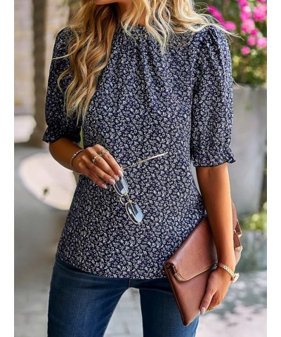 Women's 2023 Summer Boho Floral Tops Ruffle Mock Neck Half Sleeve Casual T-Shirts Loose Fit Blouses Purplish Blue $8.82 Blouses