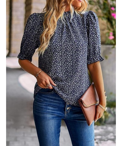 Women's 2023 Summer Boho Floral Tops Ruffle Mock Neck Half Sleeve Casual T-Shirts Loose Fit Blouses Purplish Blue $8.82 Blouses