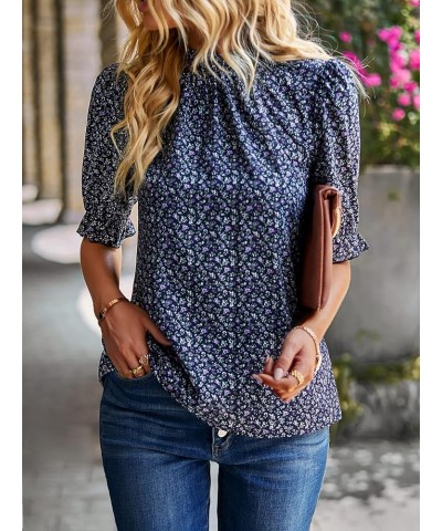 Women's 2023 Summer Boho Floral Tops Ruffle Mock Neck Half Sleeve Casual T-Shirts Loose Fit Blouses Purplish Blue $8.82 Blouses