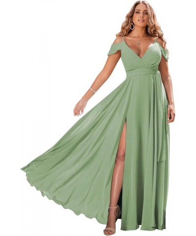 Off Shoulder Bridesmaid Dresses 2023 for Women Long Chiffon V Neck Formal Evening Gown with Slit RQ04 Sage Green $28.01 Dresses