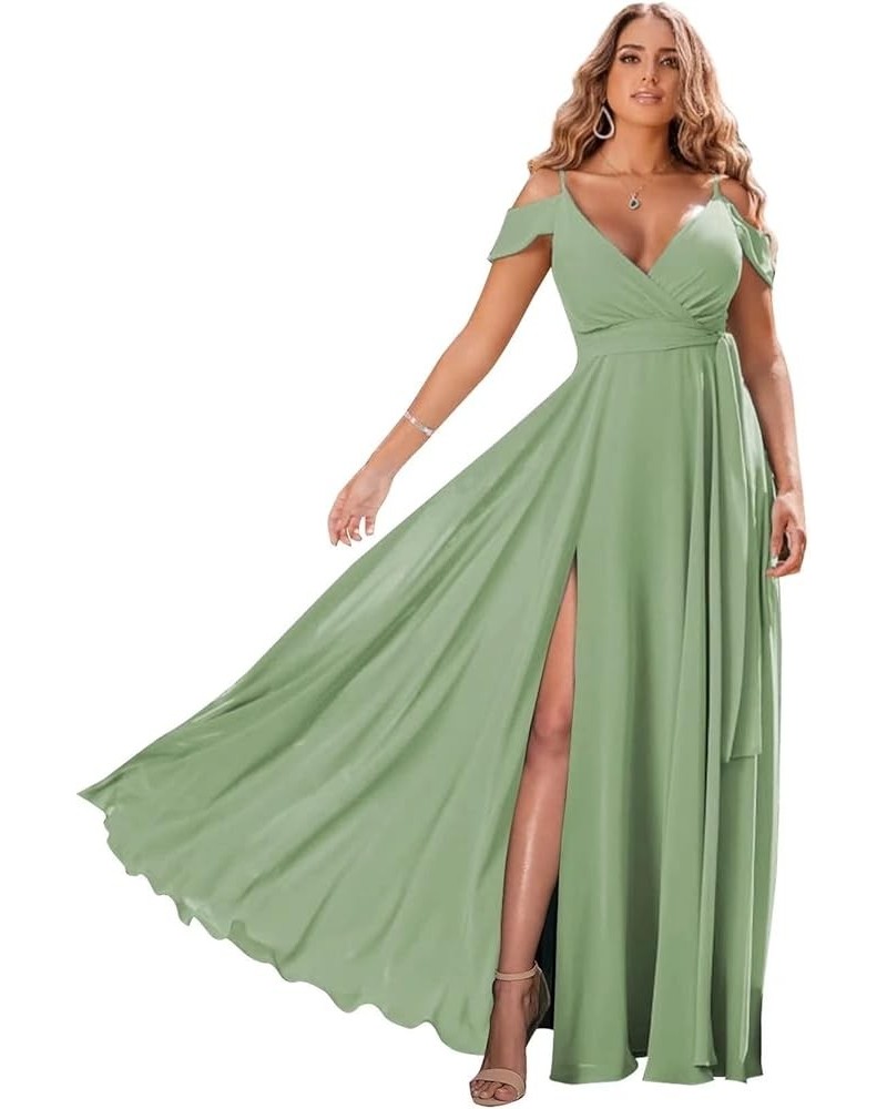 Off Shoulder Bridesmaid Dresses 2023 for Women Long Chiffon V Neck Formal Evening Gown with Slit RQ04 Sage Green $28.01 Dresses