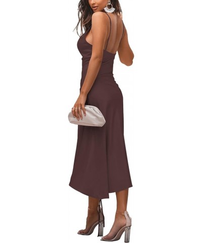 Women's Satin Spaghetti Straps Cowl Neck Sexy Ruch Cocktail Midi Dresses Chocolate Brown $18.48 Dresses