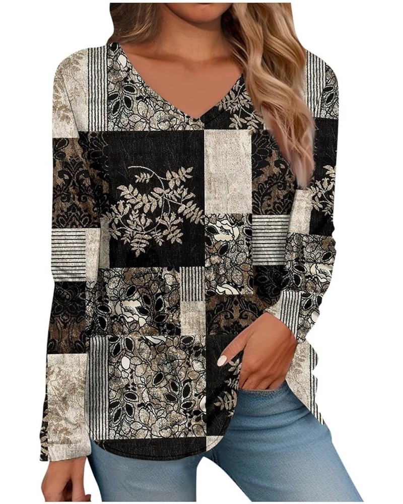 Womens Tops Dressy Casual Women's Long Sleeve T Shirts Retro Print Daily Basic V Neck Regular Spring Summer Tops 02-black $5....