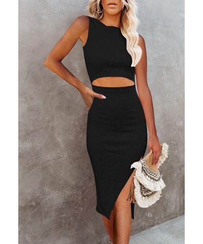 Women's Crew Neck Sleeveless Cutout Side Slit Knee Length Bodycon Midi Dress Black $17.49 Dresses