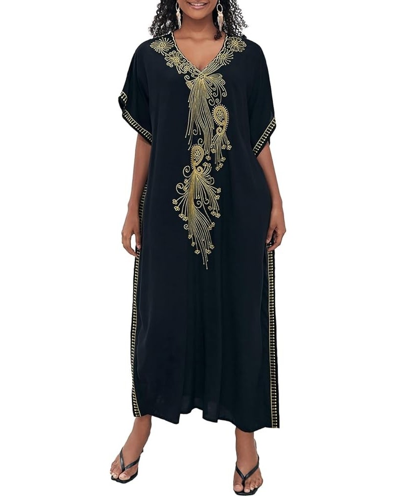 Embroidery Beach Kaftan Dress for Women Short Sleeve Bikini Swimsuit Cover Up F-black Embroidery $15.91 Swimsuits