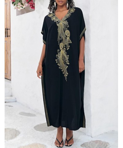 Embroidery Beach Kaftan Dress for Women Short Sleeve Bikini Swimsuit Cover Up F-black Embroidery $15.91 Swimsuits