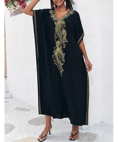 Embroidery Beach Kaftan Dress for Women Short Sleeve Bikini Swimsuit Cover Up F-black Embroidery $15.91 Swimsuits