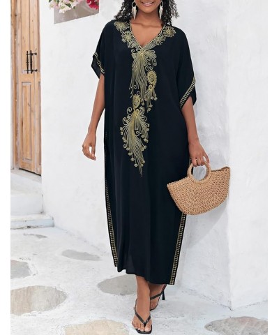 Embroidery Beach Kaftan Dress for Women Short Sleeve Bikini Swimsuit Cover Up F-black Embroidery $15.91 Swimsuits