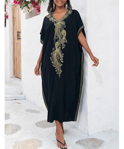 Embroidery Beach Kaftan Dress for Women Short Sleeve Bikini Swimsuit Cover Up F-black Embroidery $15.91 Swimsuits