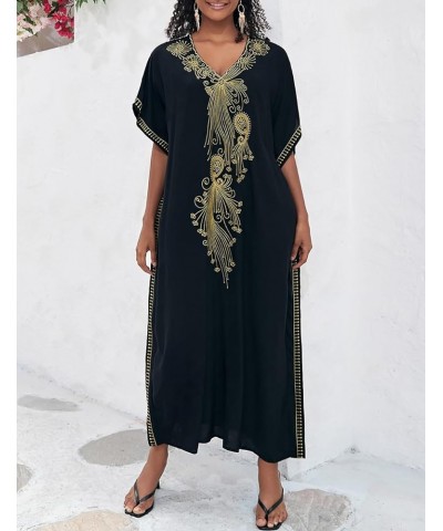 Embroidery Beach Kaftan Dress for Women Short Sleeve Bikini Swimsuit Cover Up F-black Embroidery $15.91 Swimsuits