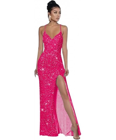 Spaghetti Strap V Neck Sequin Prom Dresses for Teens High Slit Long Evening Party Dress YMS245 A-hot Pink $30.55 Dresses