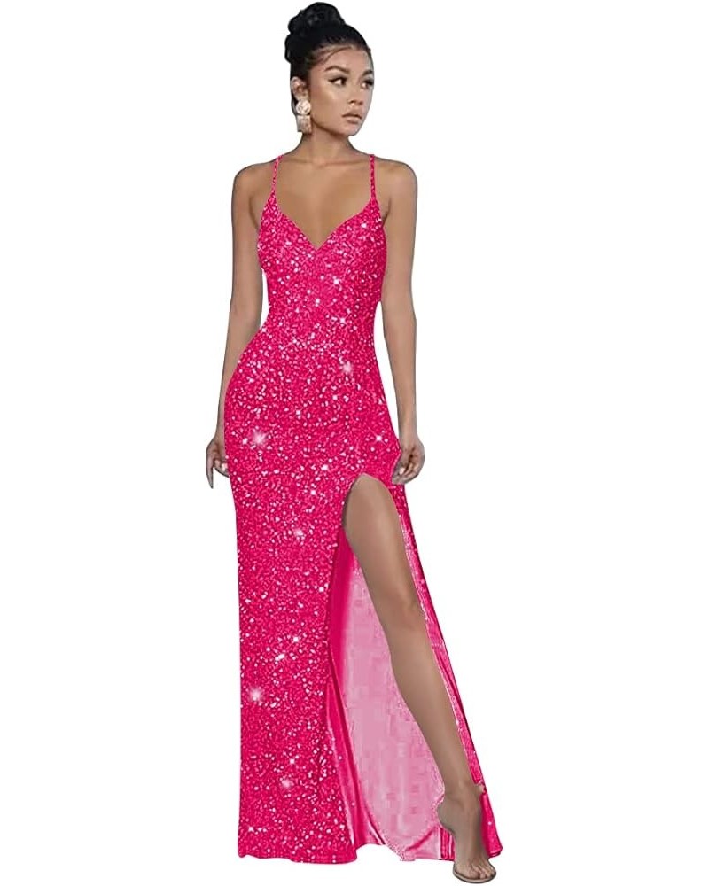 Spaghetti Strap V Neck Sequin Prom Dresses for Teens High Slit Long Evening Party Dress YMS245 A-hot Pink $30.55 Dresses