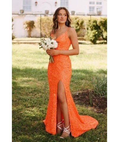 Spaghetti Strap V Neck Sequin Prom Dresses for Teens High Slit Long Evening Party Dress YMS245 A-hot Pink $30.55 Dresses