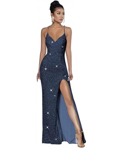 Spaghetti Strap V Neck Sequin Prom Dresses for Teens High Slit Long Evening Party Dress YMS245 A-hot Pink $30.55 Dresses