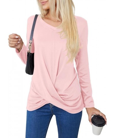 Women's Long Sleeve Tops 2024 Fall Winter Fashion Tunics Casual Front Twist T-Shirt V Neck Tunics Tops Pink $12.59 Tops