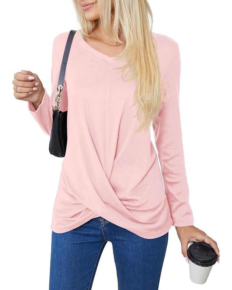 Women's Long Sleeve Tops 2024 Fall Winter Fashion Tunics Casual Front Twist T-Shirt V Neck Tunics Tops Pink $12.59 Tops