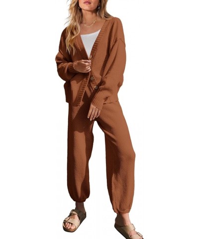 Womens Two Piece Outfits V Neck Button Down Cardigan Sweater Sets Cozy Knit Loungewear Set Camel $27.53 Sleep & Lounge