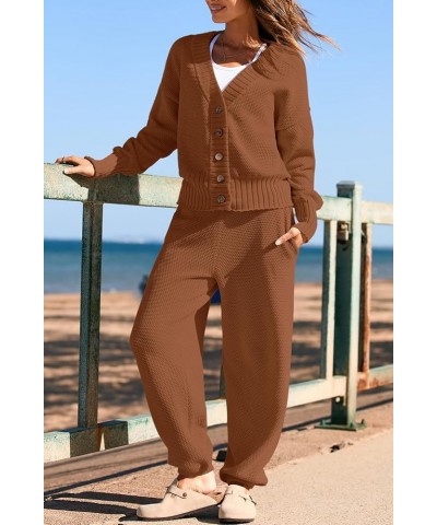 Womens Two Piece Outfits V Neck Button Down Cardigan Sweater Sets Cozy Knit Loungewear Set Camel $27.53 Sleep & Lounge