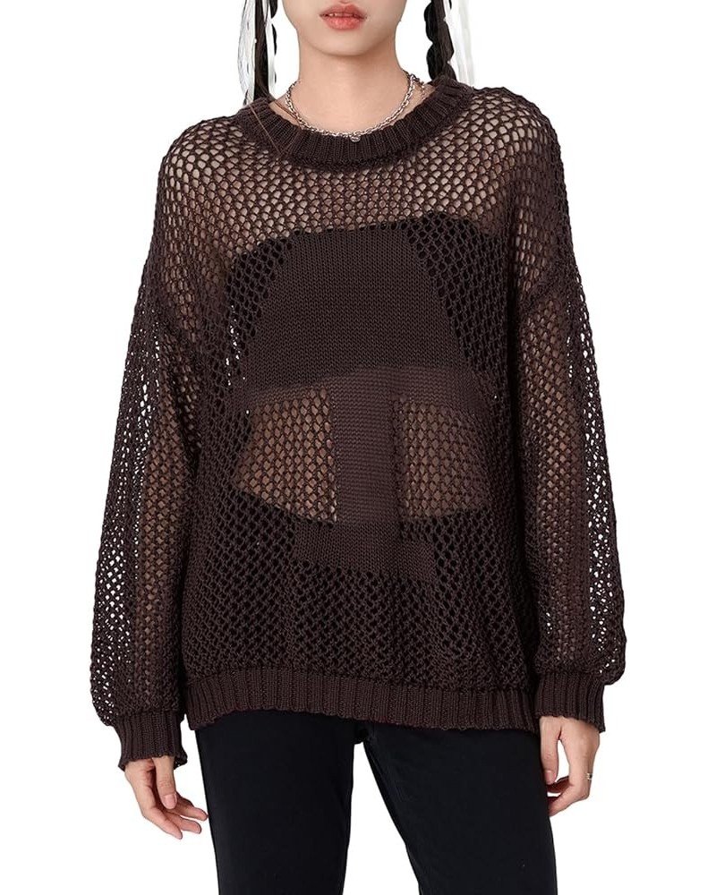 Women Long Sleeve Sweaters Hollow Out Loose Round Neck Off Shoulder Crochet Cutout Fishnet Pullover Knitwear S-coffee $14.52 ...