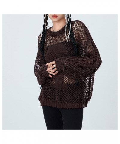 Women Long Sleeve Sweaters Hollow Out Loose Round Neck Off Shoulder Crochet Cutout Fishnet Pullover Knitwear S-coffee $14.52 ...